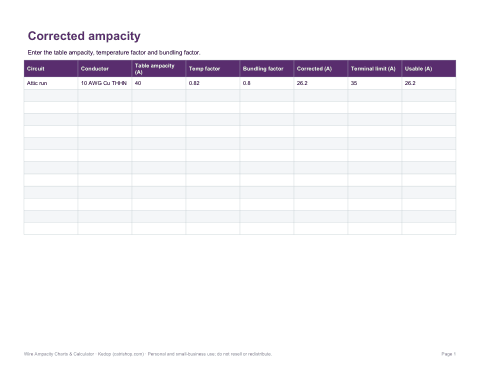 Preview of the first page of Ampacity calculator (XLSX)