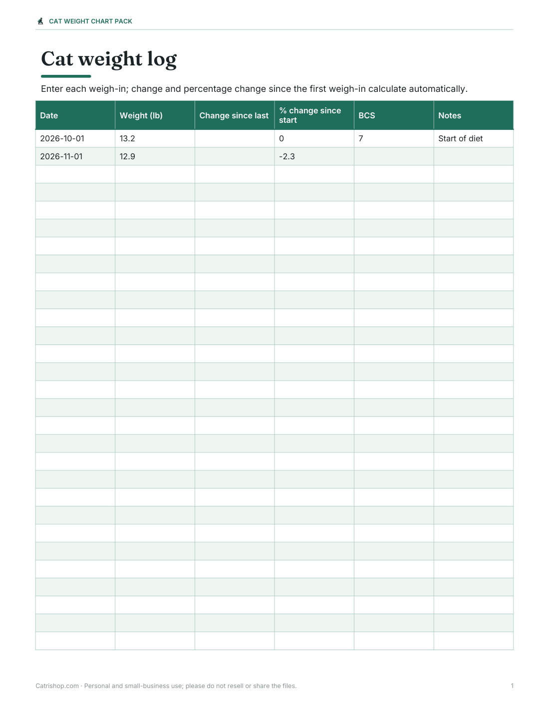 Preview of the first page of Weight log (XLSX)